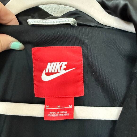 NIKE Wool Leather Sleeve Moto Jacket Black Silver Hooded Medium Women Streetwear - Picture 3 of 7